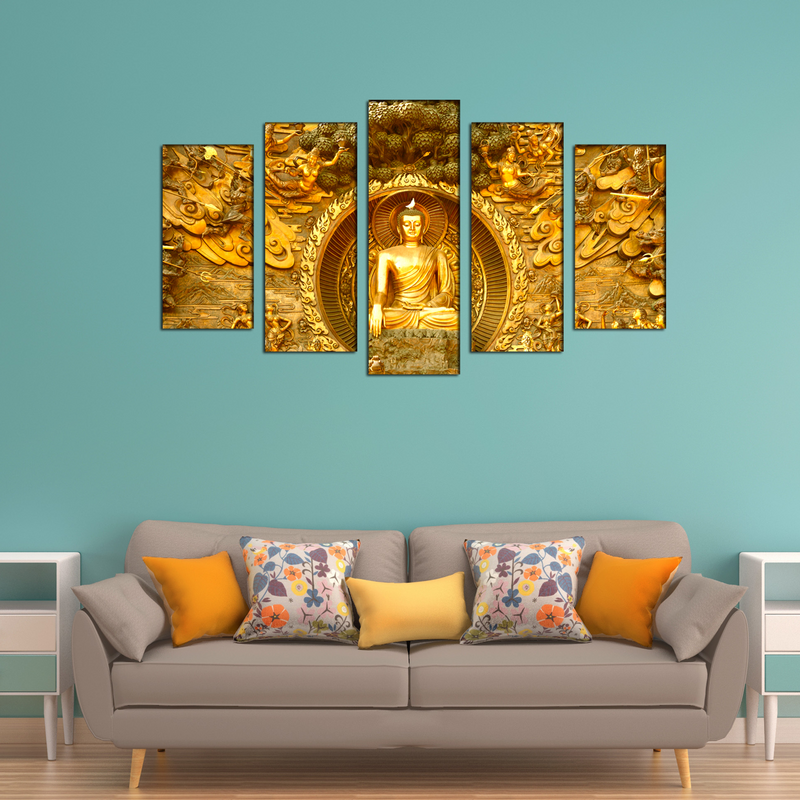 Golden Buddha Canvas Wall Painting - With 5 Frames
