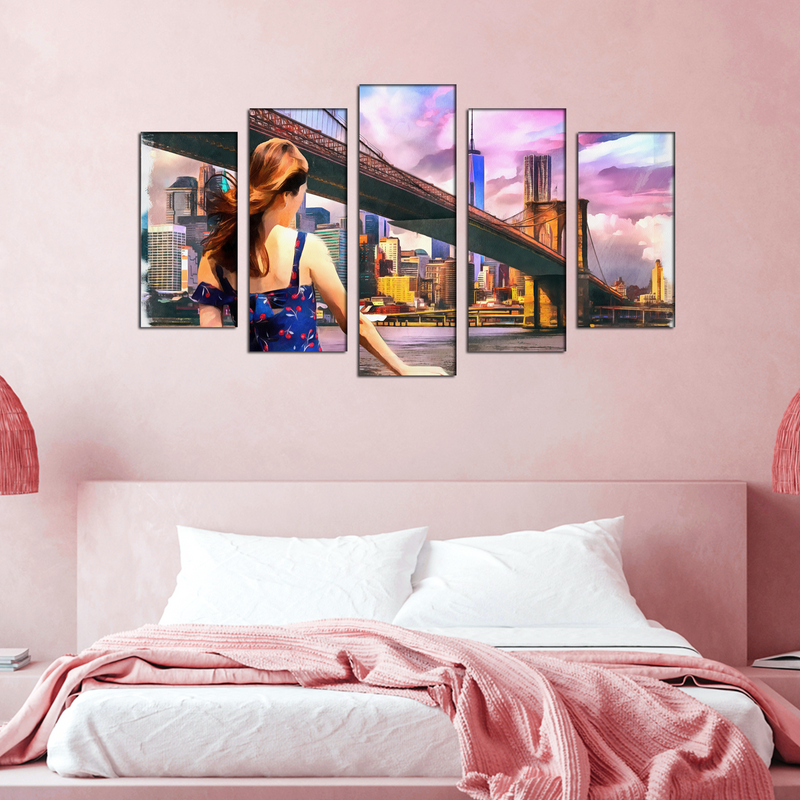 Girl Standing Into Brooklyn Bridge Canvas Wall Painting- With 5 Frames