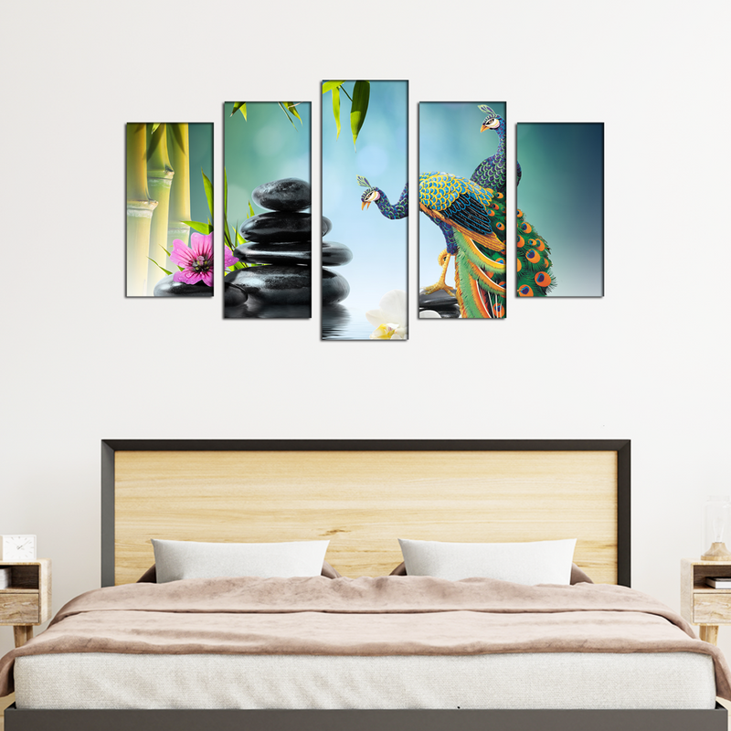 Beautiful Peacock & Water Canvas Wall Painting- With 5 Frames