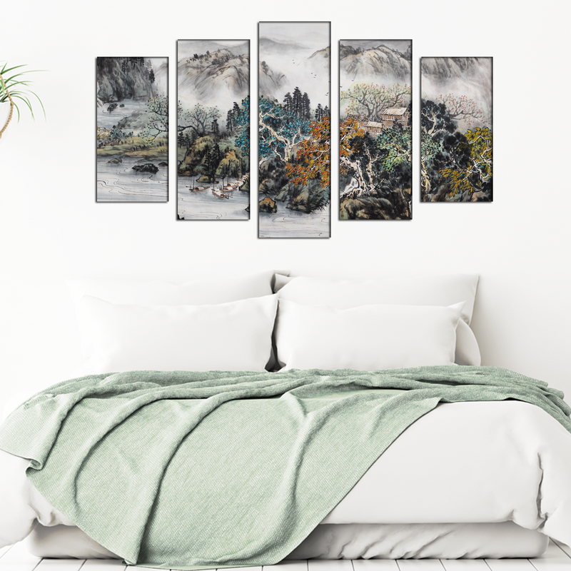 Mountain And Water Abstract Art Canvas Wall Painting- With 5 Frames