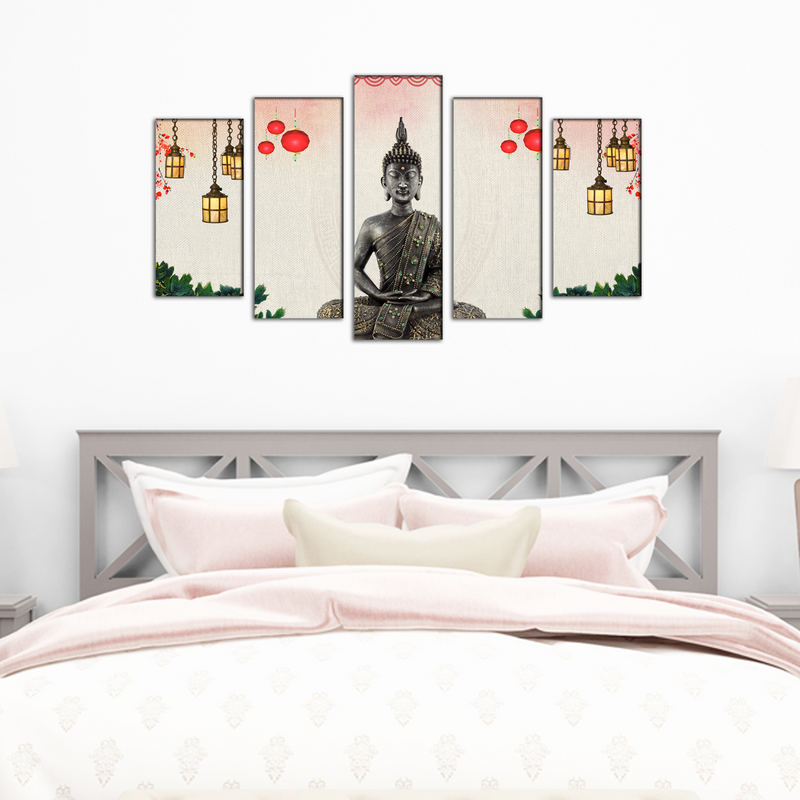 Buddha With Decorative Background Wood Framed Canvas Wall Painting- With 5 Frames