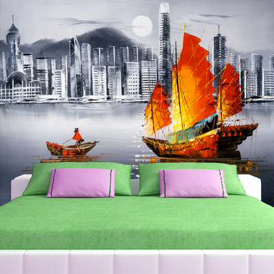 Colorful Boat In Grey Background Digitally Printed Wallpaper