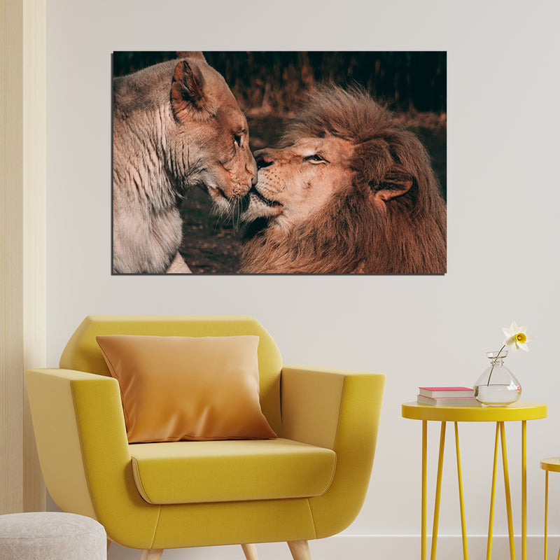 Lion Couple Kissing scene in forest On Canvas Wall Painting