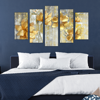 Golden Flower Wood Framed Canvas Wall Painting- With 5 Frames