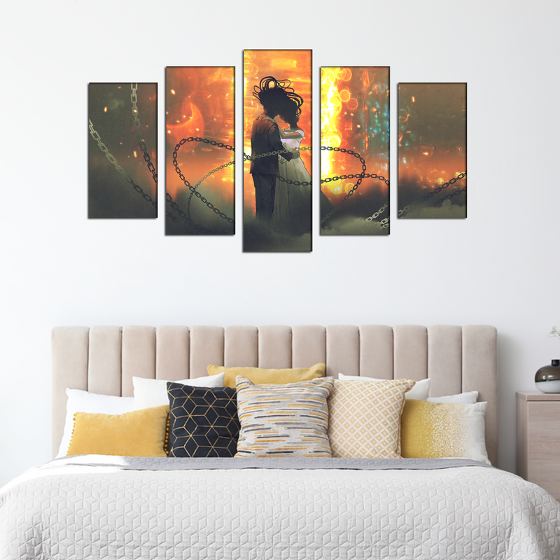Couple In Fire Background Canvas Wall Painting- With 5 Frames