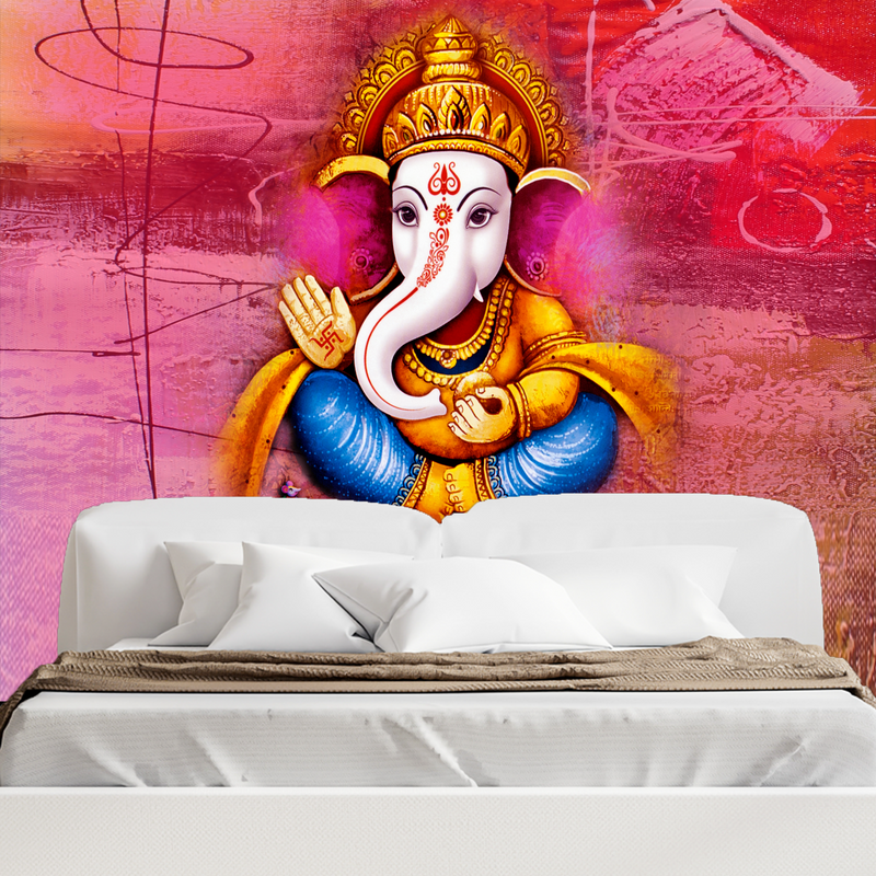 Lord Ganesha With Red Background Digitally Printed Wallpaper