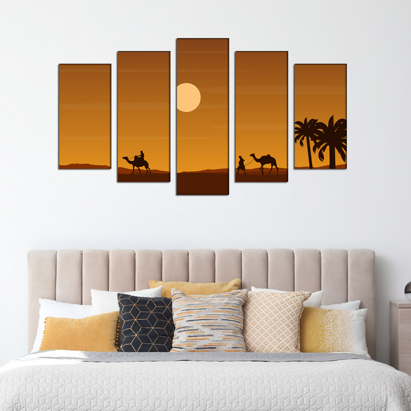 Camel Rider In Desert Canvas Wall Painting- With 5 Frames