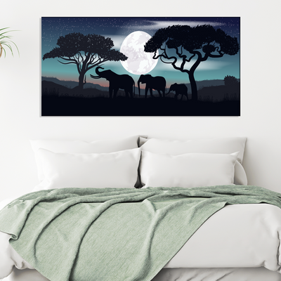 Family of Elephants In Night Canvas Wall Painting