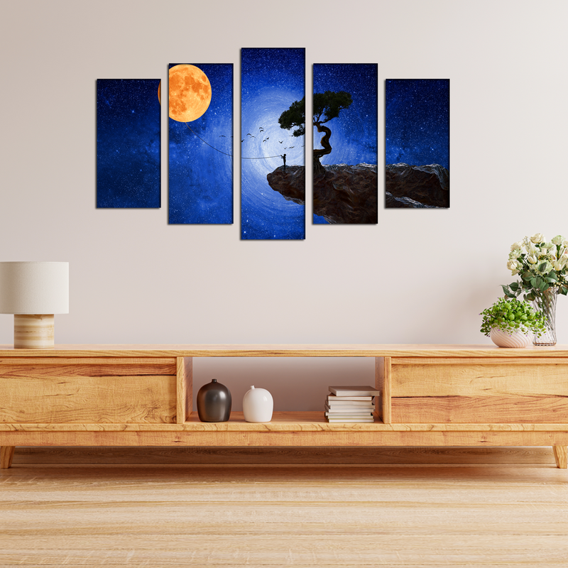 Child Catches The Moon Canvas Wall Painting- With 5 Frames
