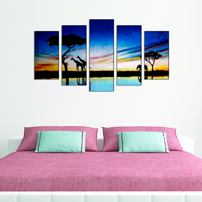 Elephants & Giraffes Oil painting Canvas Wall Painting- With 5 Frames