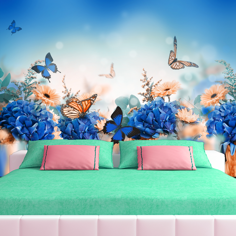 Blue Butterfly With Flower Digitally Printed Wallpaper