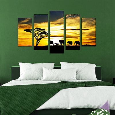 Beautiful View of Elephant Family Canvas Wall Painting- With 5 Frames