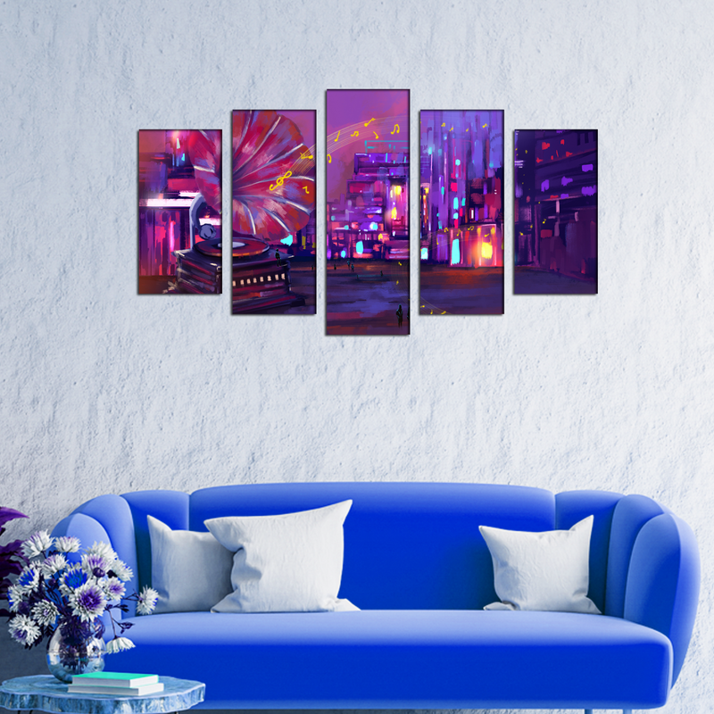 Large Gramophone On Street Abstract Canvas Wall Painting- With 5 Frames