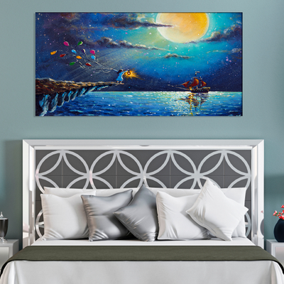 Boat & Girl Artistic Night Scenery Canvas Wall Painting