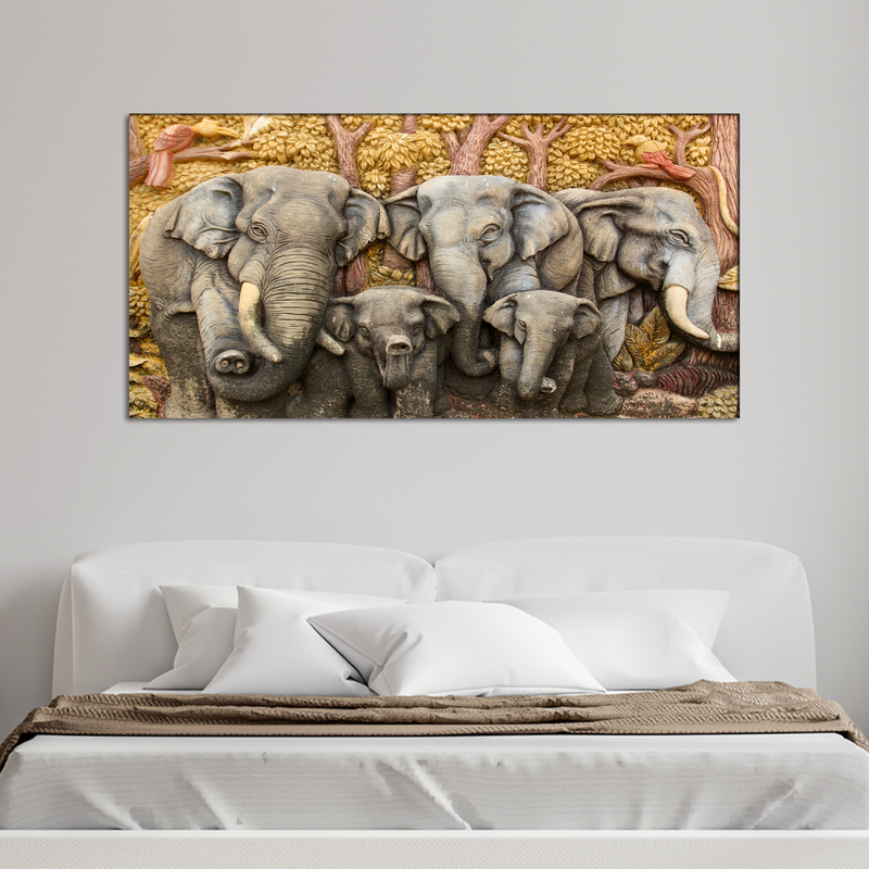Elephant With Family Print On Canvas Wall Painting
