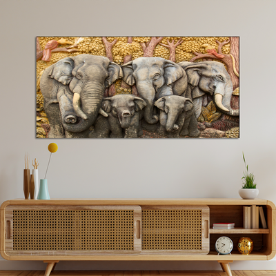 Elephant With Family Print On Canvas Wall Painting