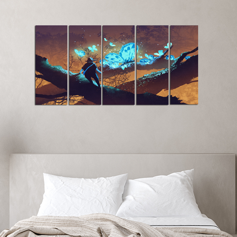 Man looking At Blue Butterflies Canvas Wall Painting -With 5 Panel
