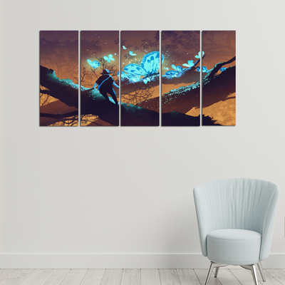 Man looking At Blue Butterflies Canvas Wall Painting -With 5 Panel