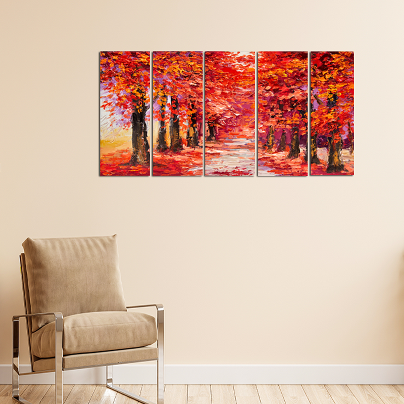 Autumn Forest Canvas Wall Painting - With 5 Panel