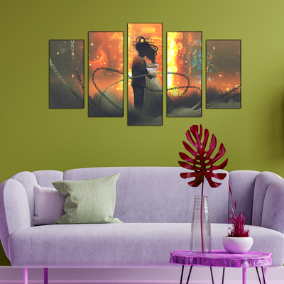 Couple In Fire Background Canvas Wall Painting- With 5 Frames