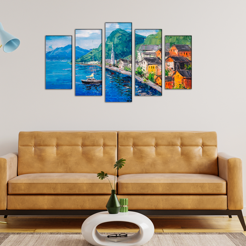 Mountains Near Blue Lake Artistic Scenery Canvas Wall Painting- With 5 Frames
