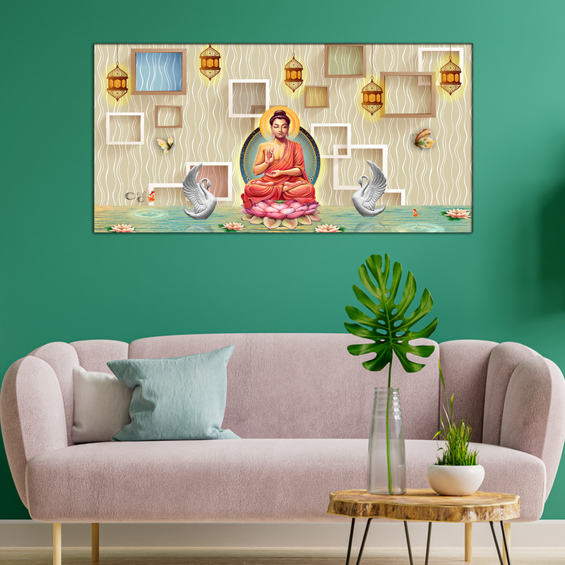 Buddha On Lotus With Swans Canvas Wall Painting