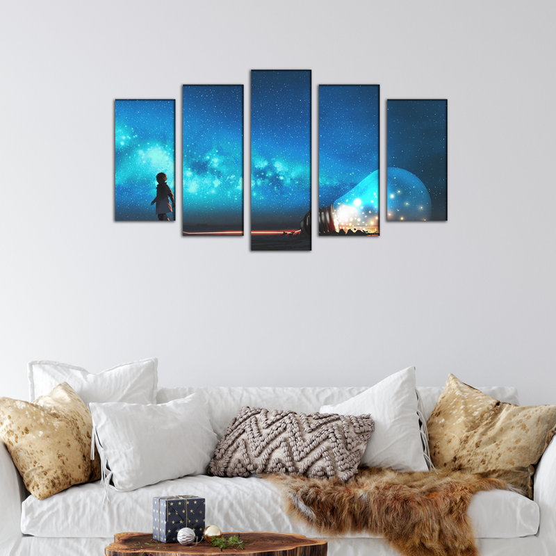 Boy Pulled The Big Bulb Canvas Wall Painting- With 5 Frames