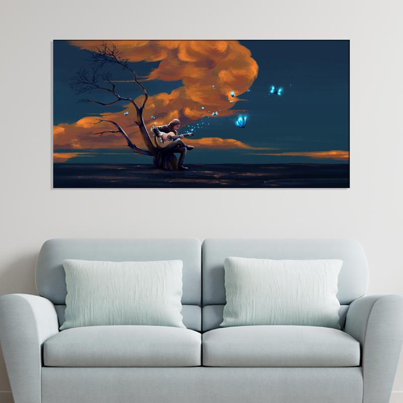 Boy Playing Guitar In Night Canvas Wall Painting