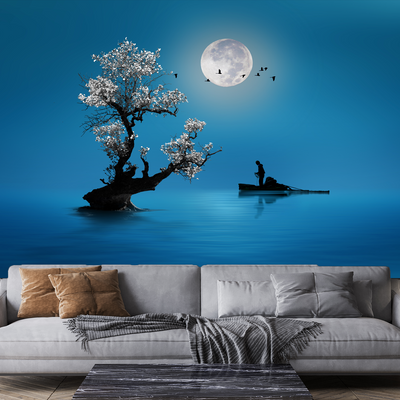 Fishing Under The Moon Light Digitally Printed Wallpaper