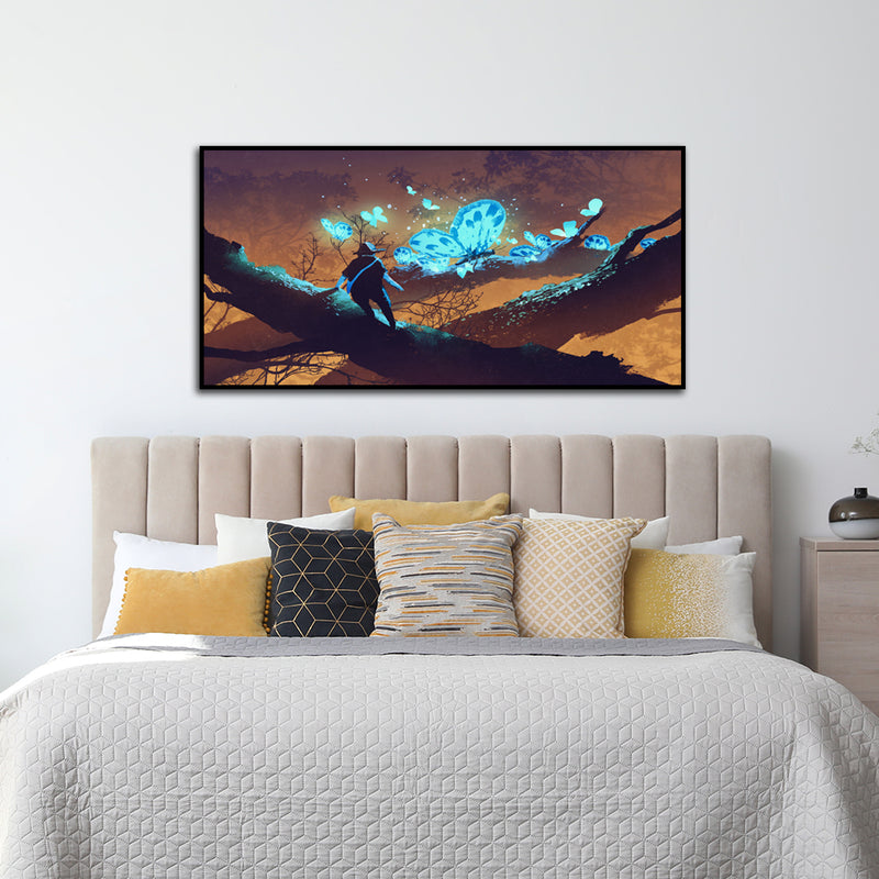 Man Looking at Blue Butterflies Canvas Floating Frame Painting