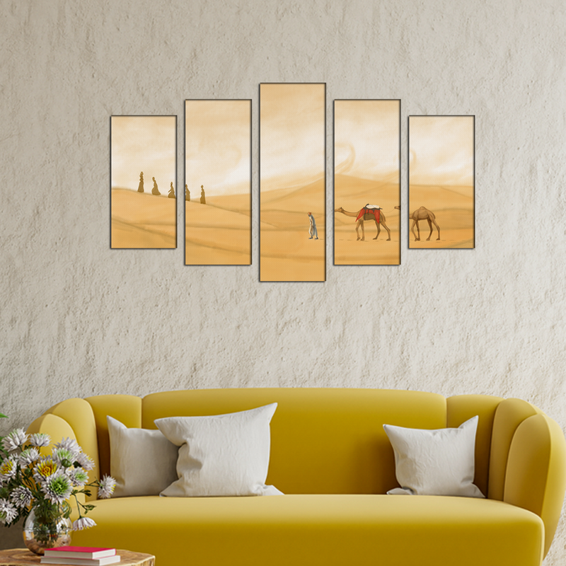 Camel In Desert Canvas Wall Painting- With 5 Frames