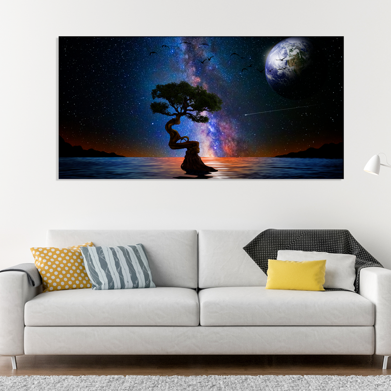 Glittery Night Over The Lake With Tree Canvas Wall Painting