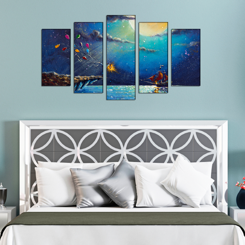 Boat & Girl Artistic Night Scenery Canvas Wall Painting- With 5 Frames
