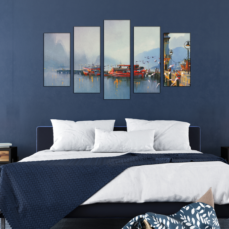 Fishing Boats In Harbor Canvas Panel Wall Painting - With 5 Frames