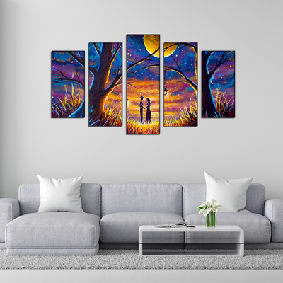 Couple In Forest At Night Under Moon Canvas Wall Painting- With 5 Frames
