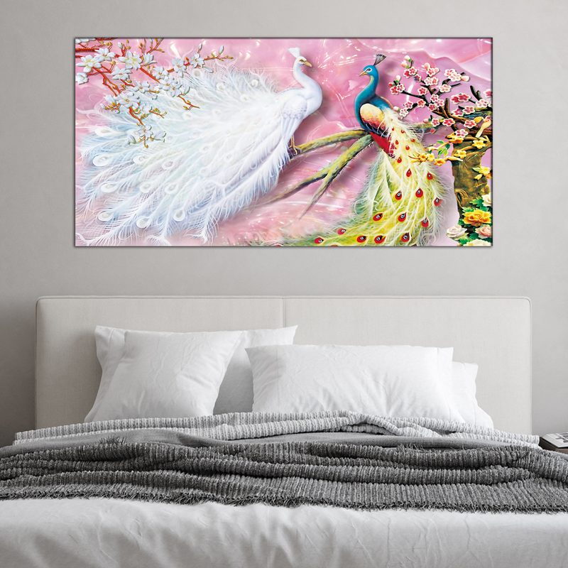 Beautiful White & Colored Peacock Canvas Wall Painting