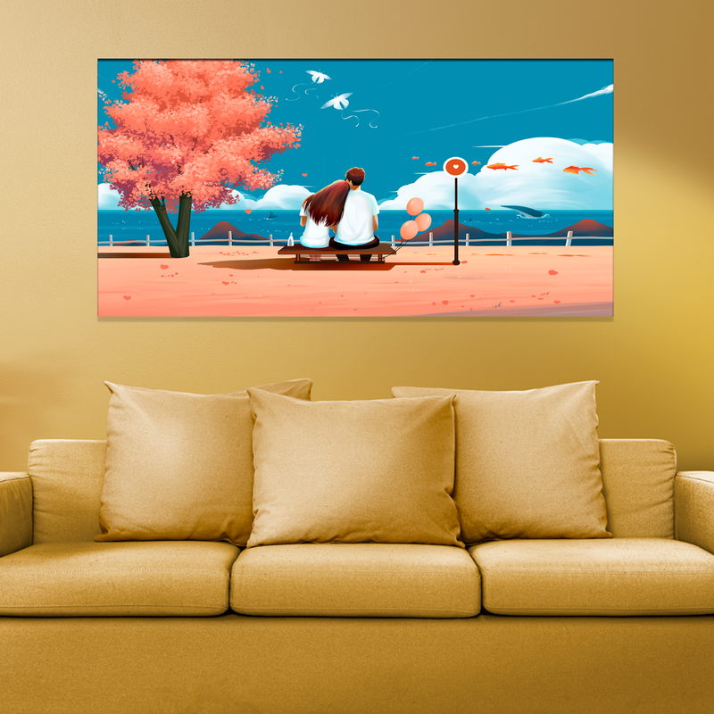 Love Couple Seating On Sea Side Illustration Canvas Wall Painting