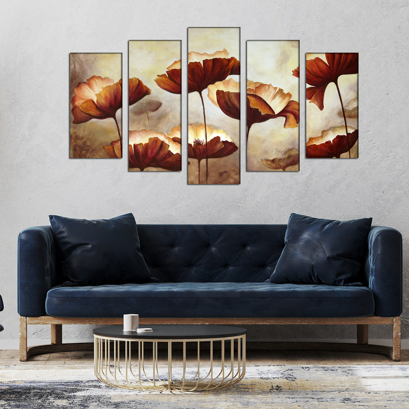 Brown Flower Canvas Wall Painting- With 5 Frames