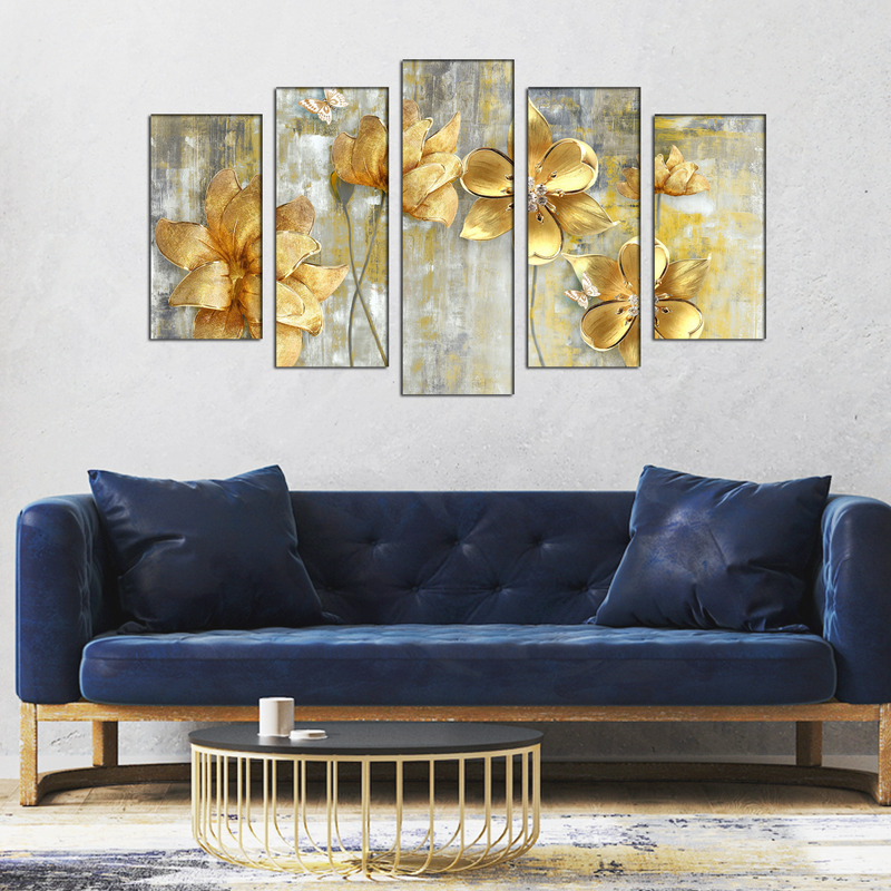 Golden Flower Wood Framed Canvas Wall Painting- With 5 Frames