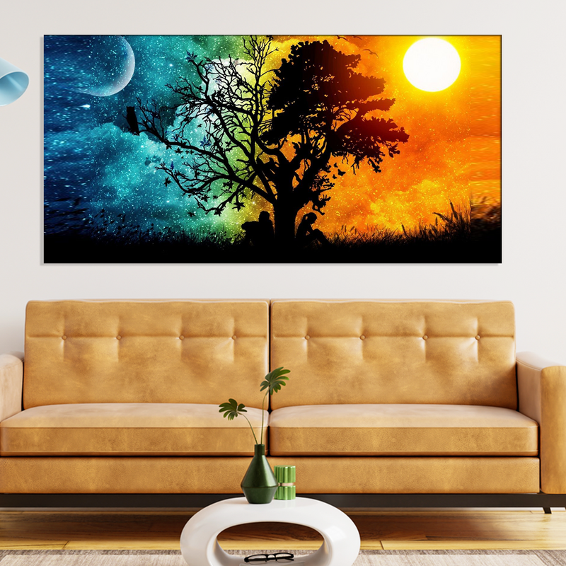 Day & Night Tree Scenery Canvas Wall Painting