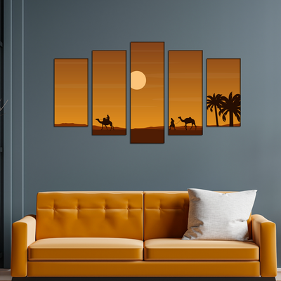 Camel Rider In Desert Canvas Wall Painting- With 5 Frames