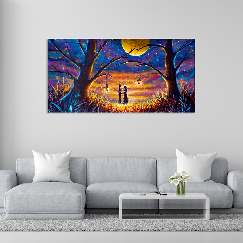 Couple In Forest At Night Under Moon Canvas Wall Painting