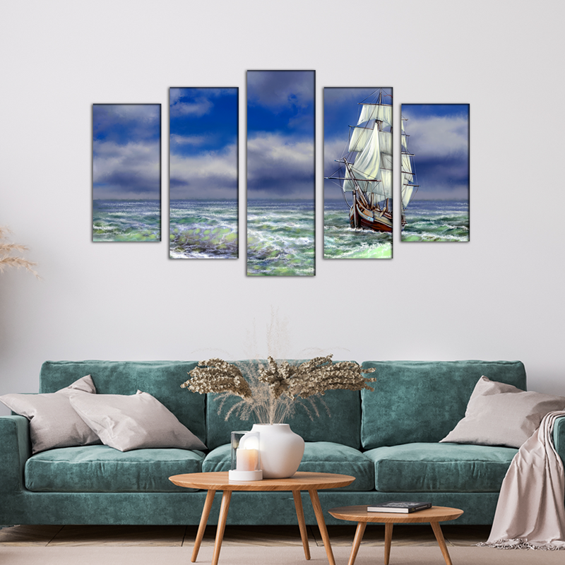 Old Ship On The Sea Canvas Wall Painting- With 5 Frames