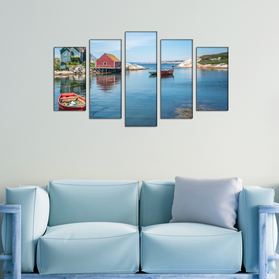 Boats & House Scenery Canvas Wall Painting- With 5 Frames