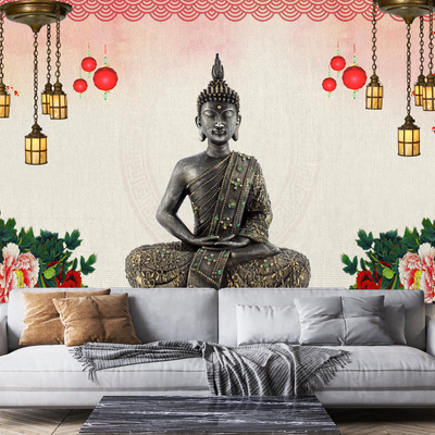 Buddha With Decorative Background Digitally Printed Wallpaper