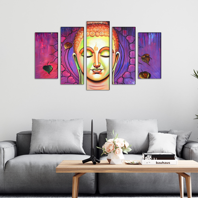 Acrylic Color Portrait Buddha Wood Framed Canvas Wall Painting- With 5 Frames