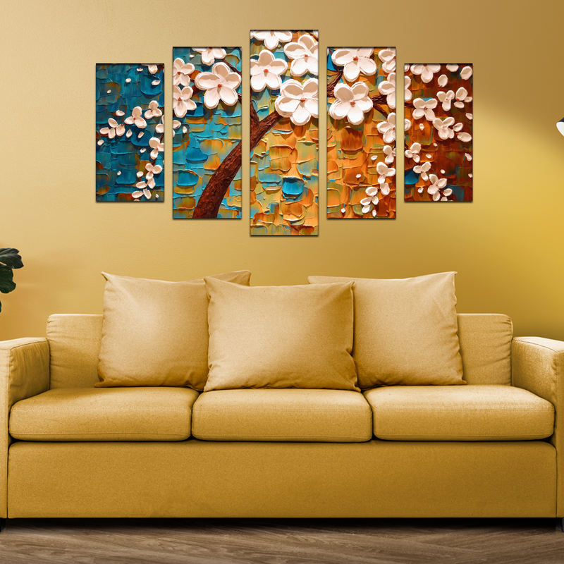 3-D Flower Abstract Wood Framed Canvas Wall Painting- With 5 Frames