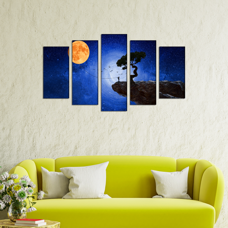Child Catches The Moon Canvas Wall Painting- With 5 Frames