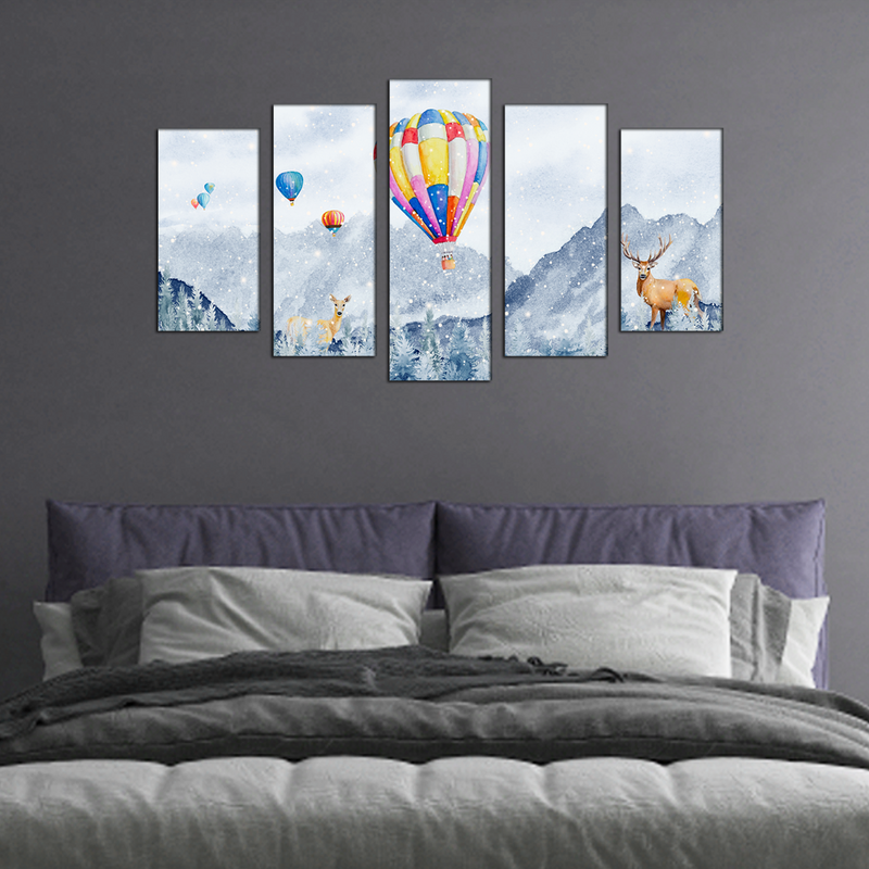 Hot Air Balloon And Deer Canvas Wall Painting- With 5 Frames