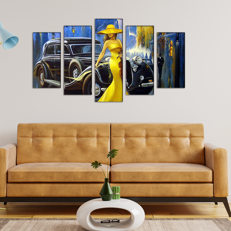 Modern Art Design Girl Wood Framed Canvas Wall Painting- With 5 Frames
